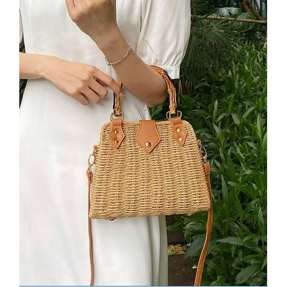 Straw Rattan Handbag Women Khaki Light Top Handle Crossbody Summer Beach Bag - Picture 9 of 9
